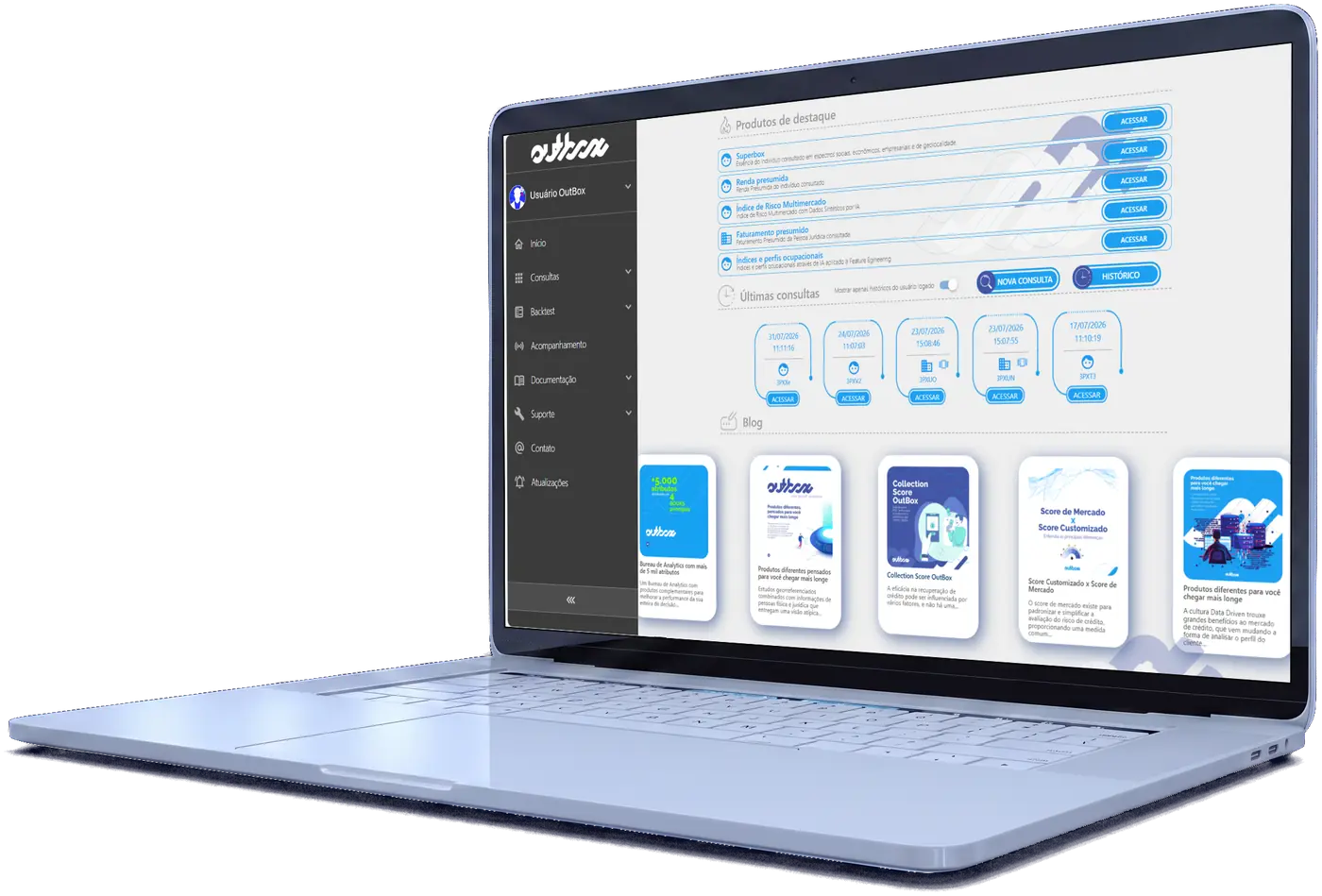 Portal OutBox — tela inicial com produtos em destaque, últimas consultas e blog.