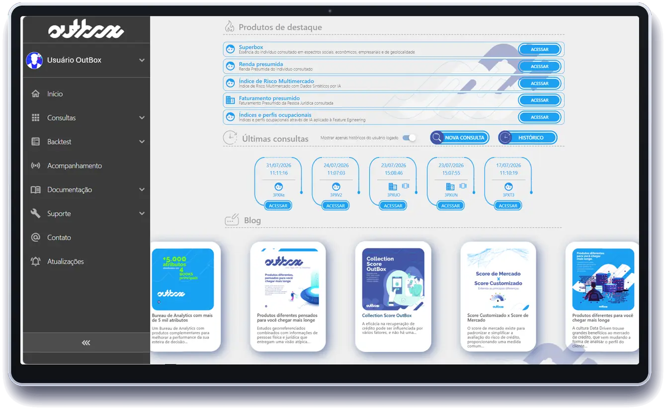 Portal OutBox — tela inicial com produtos em destaque, últimas consultas e blog.