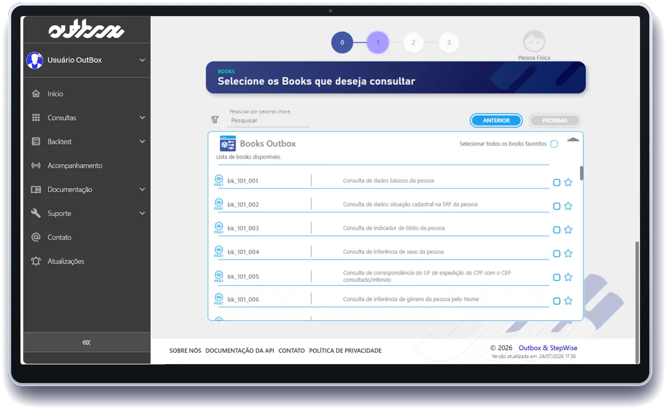 Portal OutBox — catálogo de books disponíveis com busca, favoritos e seleção múltipla.