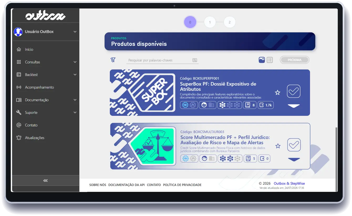 Portal OutBox — produtos disponíveis, incluindo SuperBox PF e Score Multimercado com perfil jurídico.