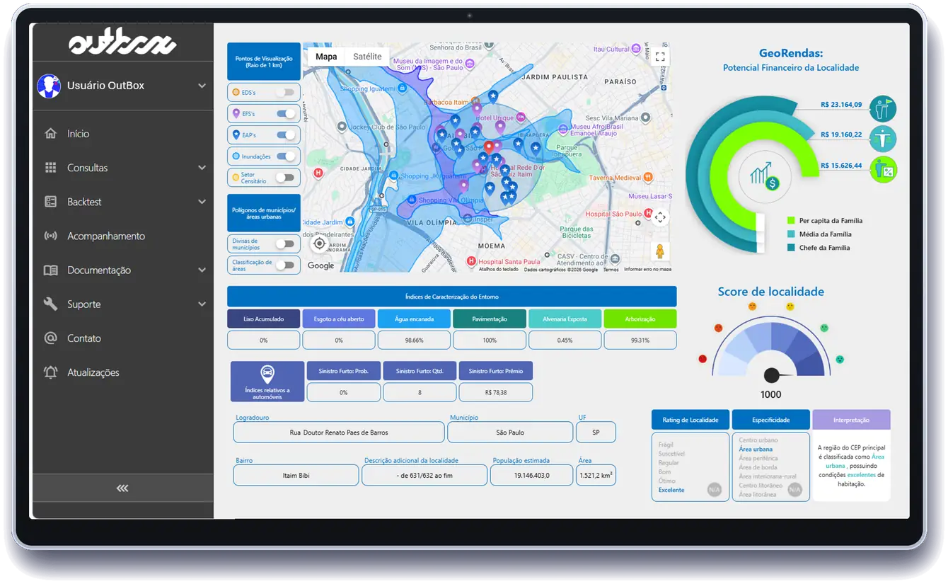 Portal OutBox — GeoRendas com mapa de camadas, renda por família e score de localidade.