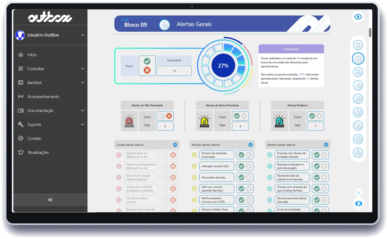 Portal OutBox — painel de alertas gerais com varreduras, prioridades e alertas positivos.