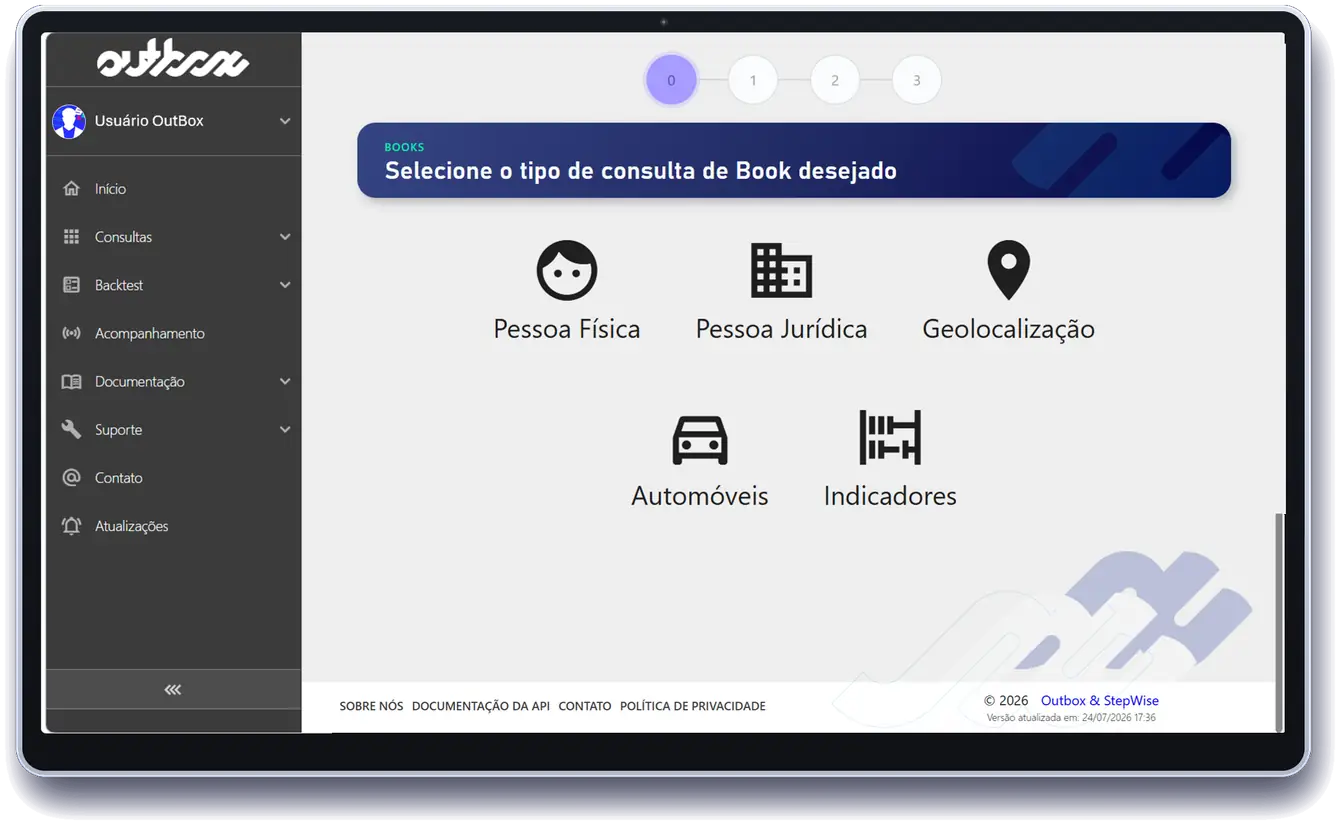 Portal OutBox — seleção do tipo de consulta de book: pessoa física, jurídica, geolocalização, automóveis e indicadores.