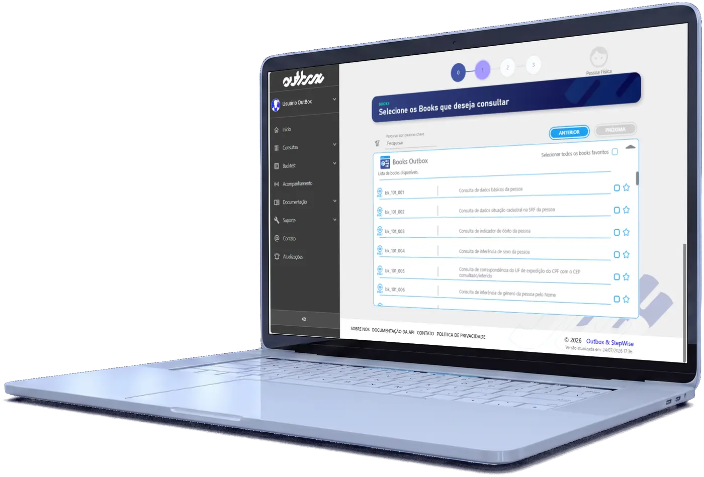 Portal OutBox — catálogo de books disponíveis com busca, favoritos e seleção múltipla.
