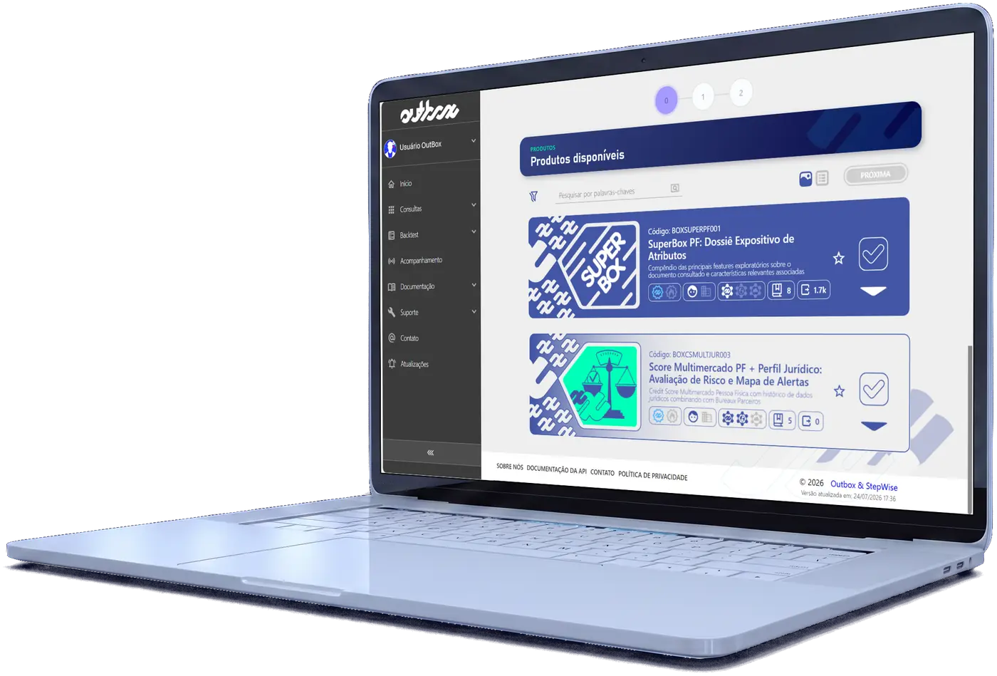 Portal OutBox — produtos disponíveis, incluindo SuperBox PF e Score Multimercado com perfil jurídico.
