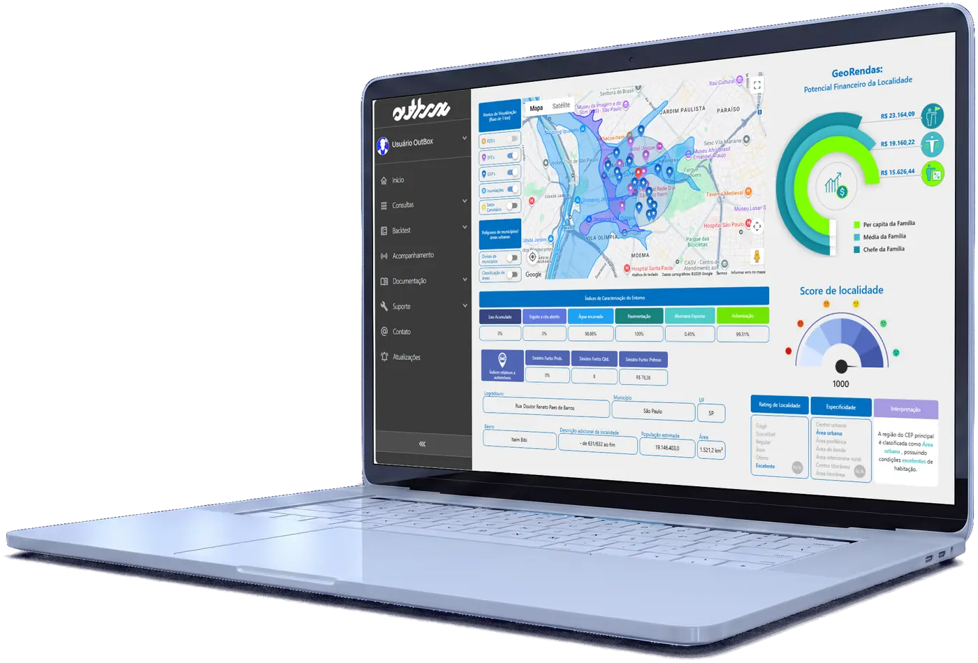 Portal OutBox — GeoRendas com mapa de camadas, renda por família e score de localidade.