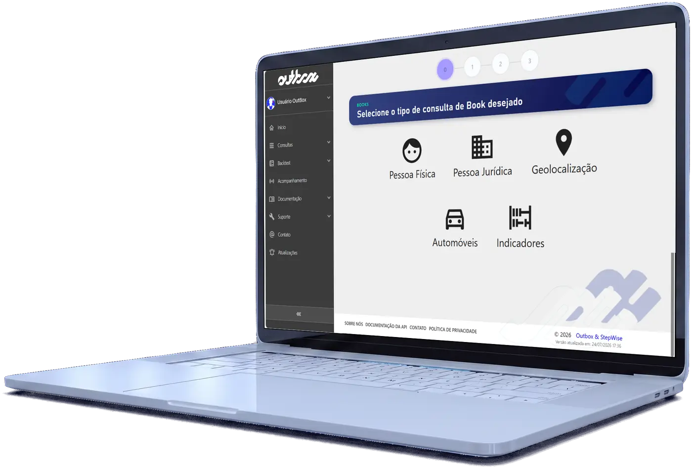 Portal OutBox — seleção do tipo de consulta de book: pessoa física, jurídica, geolocalização, automóveis e indicadores.
